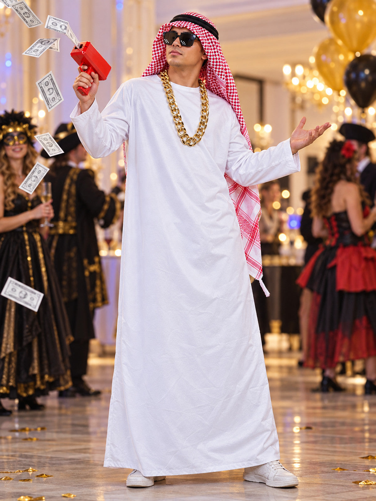 Carnival Costume with White Robe and Plaid Scarf