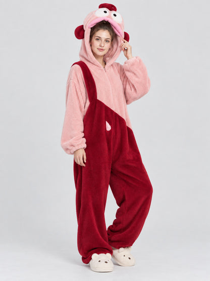 Pink and Burgundy Fleece Hooded Pajama Jumpsuit