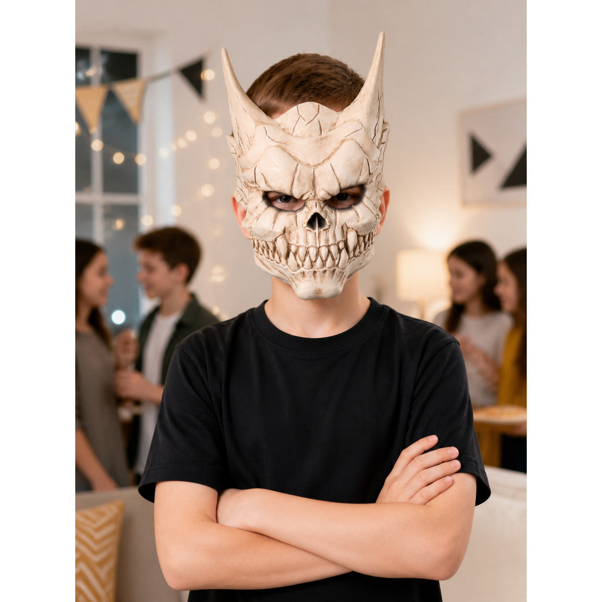 Beige-and-White Skeleton Halloween Mask with Horns lifestyle view