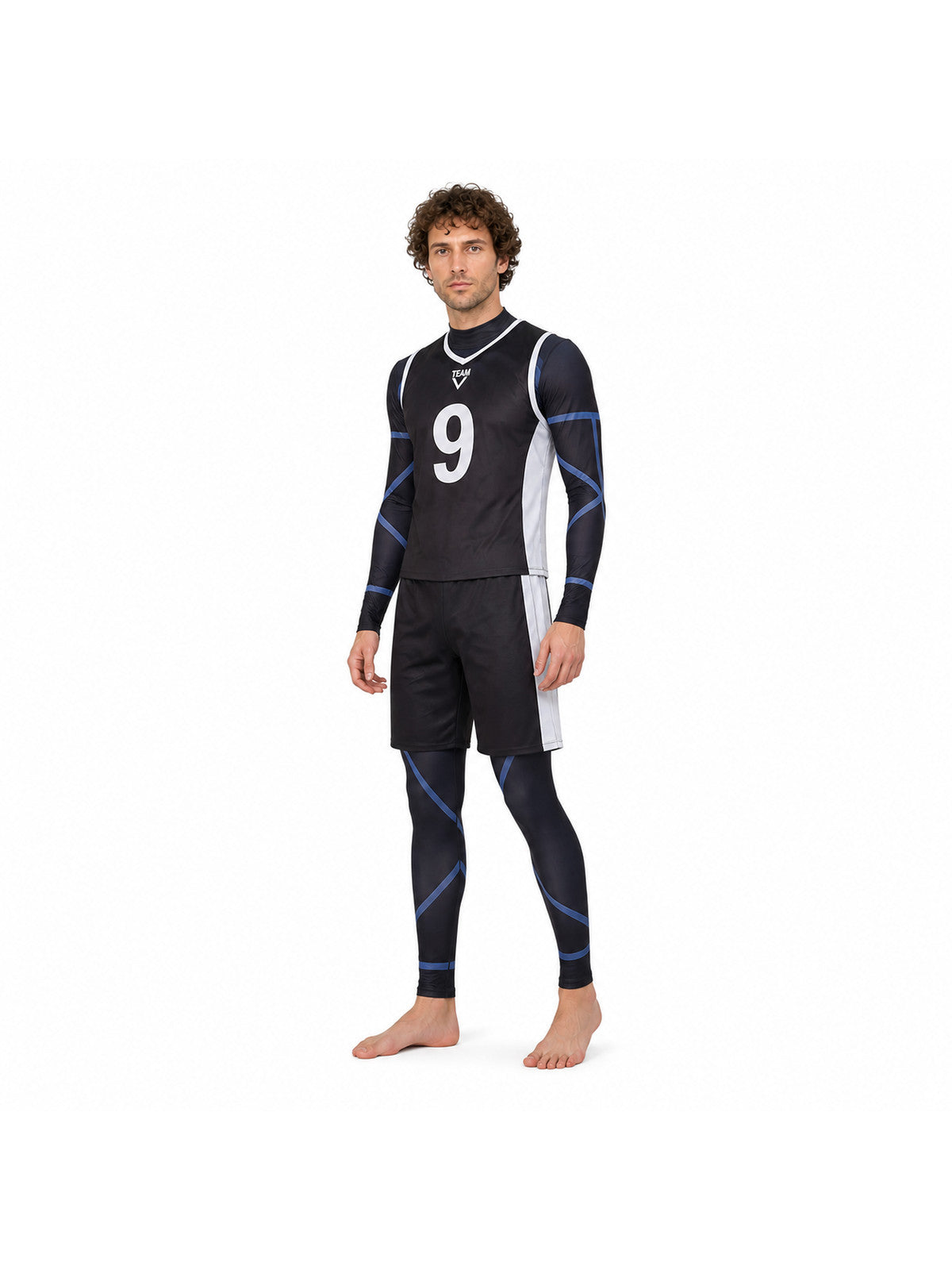 Soccer cosplay costume with No. 9, blue and white