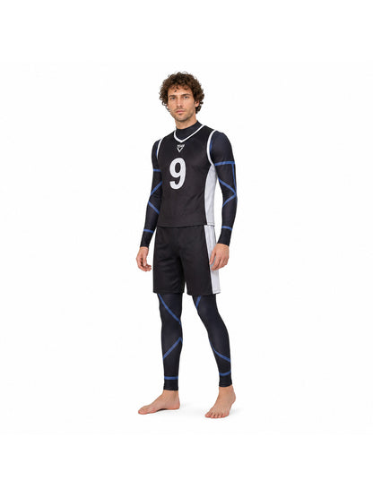 Soccer cosplay costume with No. 9, blue and white