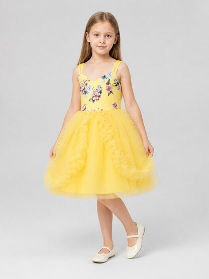Yellow Princess Dress with a Full Skirt and Ruffles Costume Dresses detail