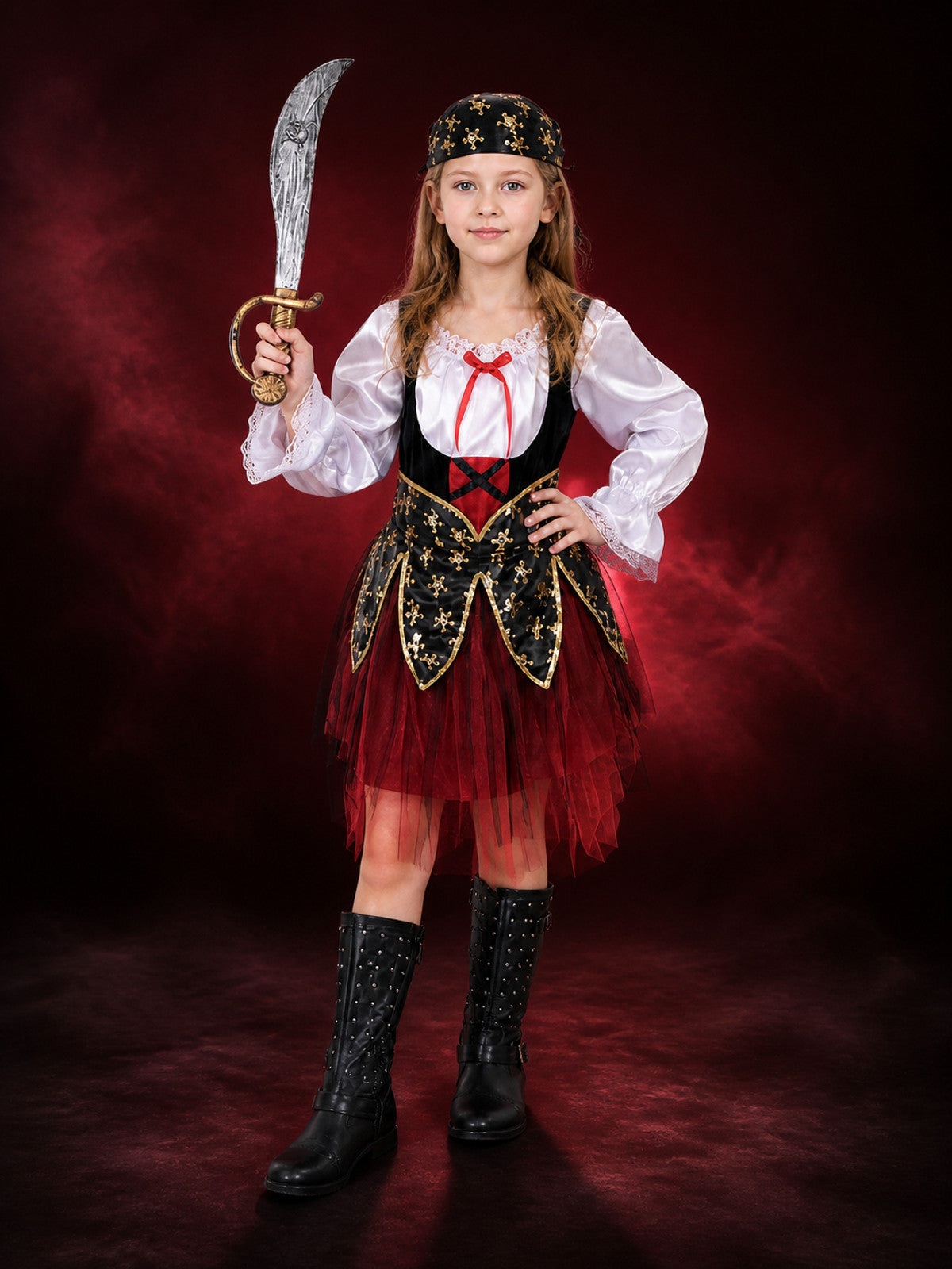 Kids Pirate Costume Set with Skull Print, Layered Skirt & Hat - Halloween