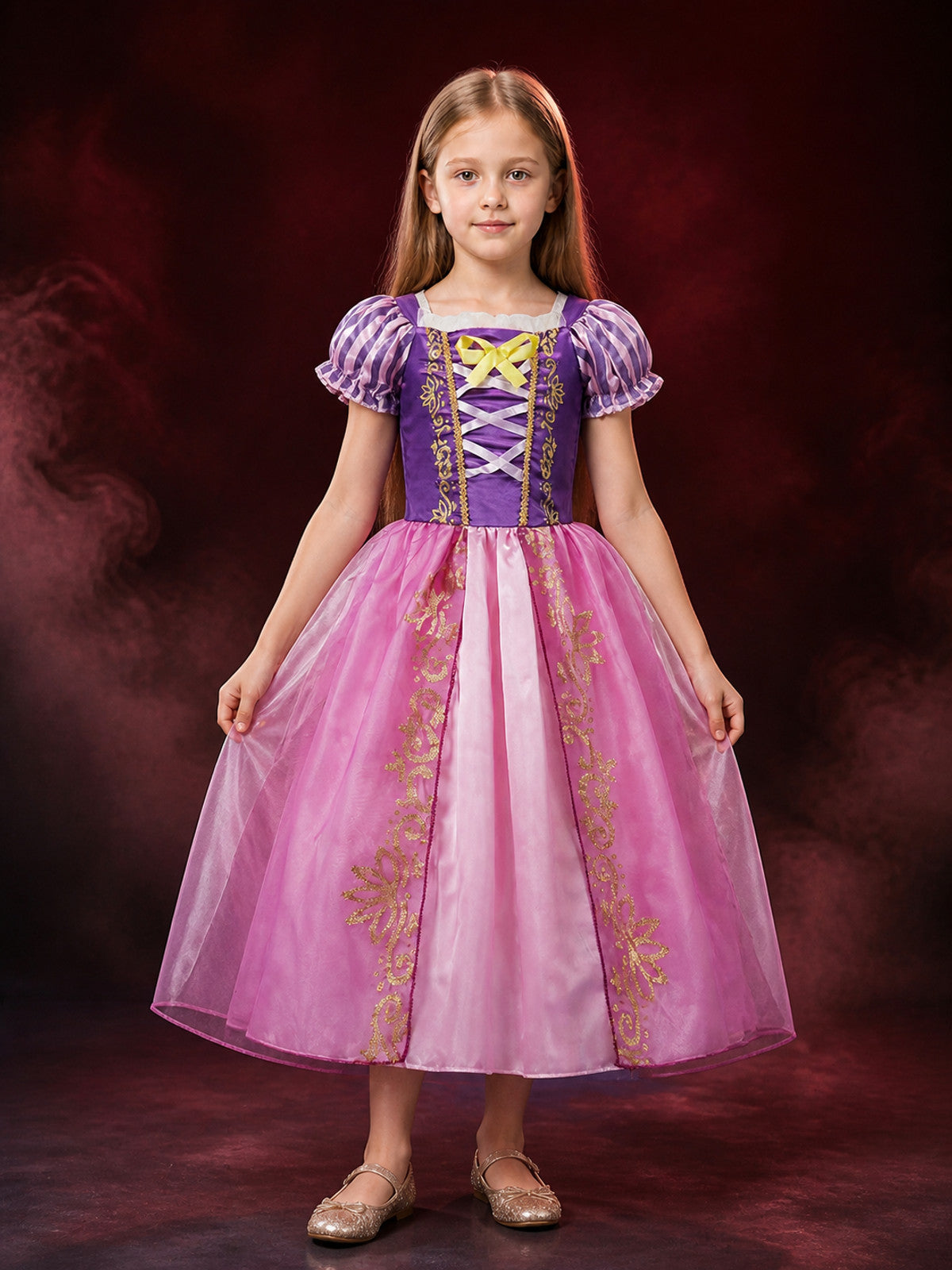 Kids Princess Costume Dress, Purple and Pink Puffed Sleeve Halloween Outfit main product view