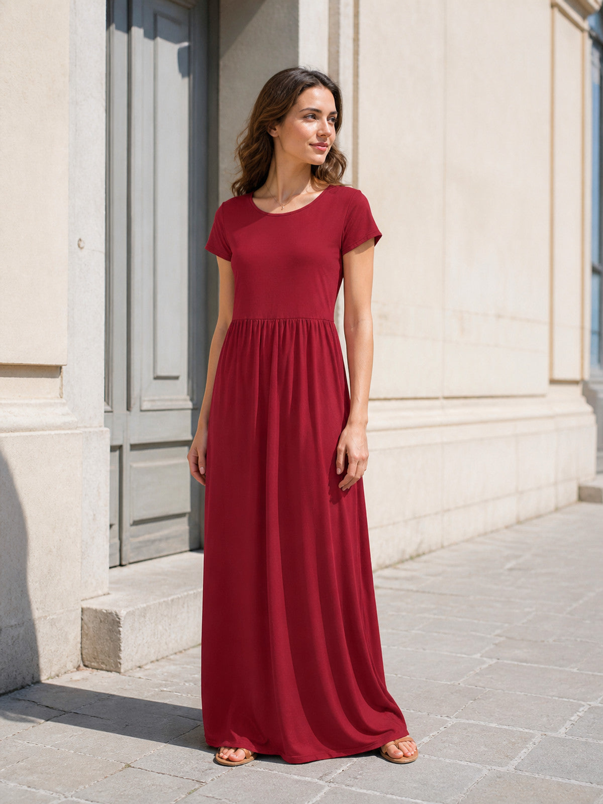 Women's Long Dress with Short Sleeves and Gathering