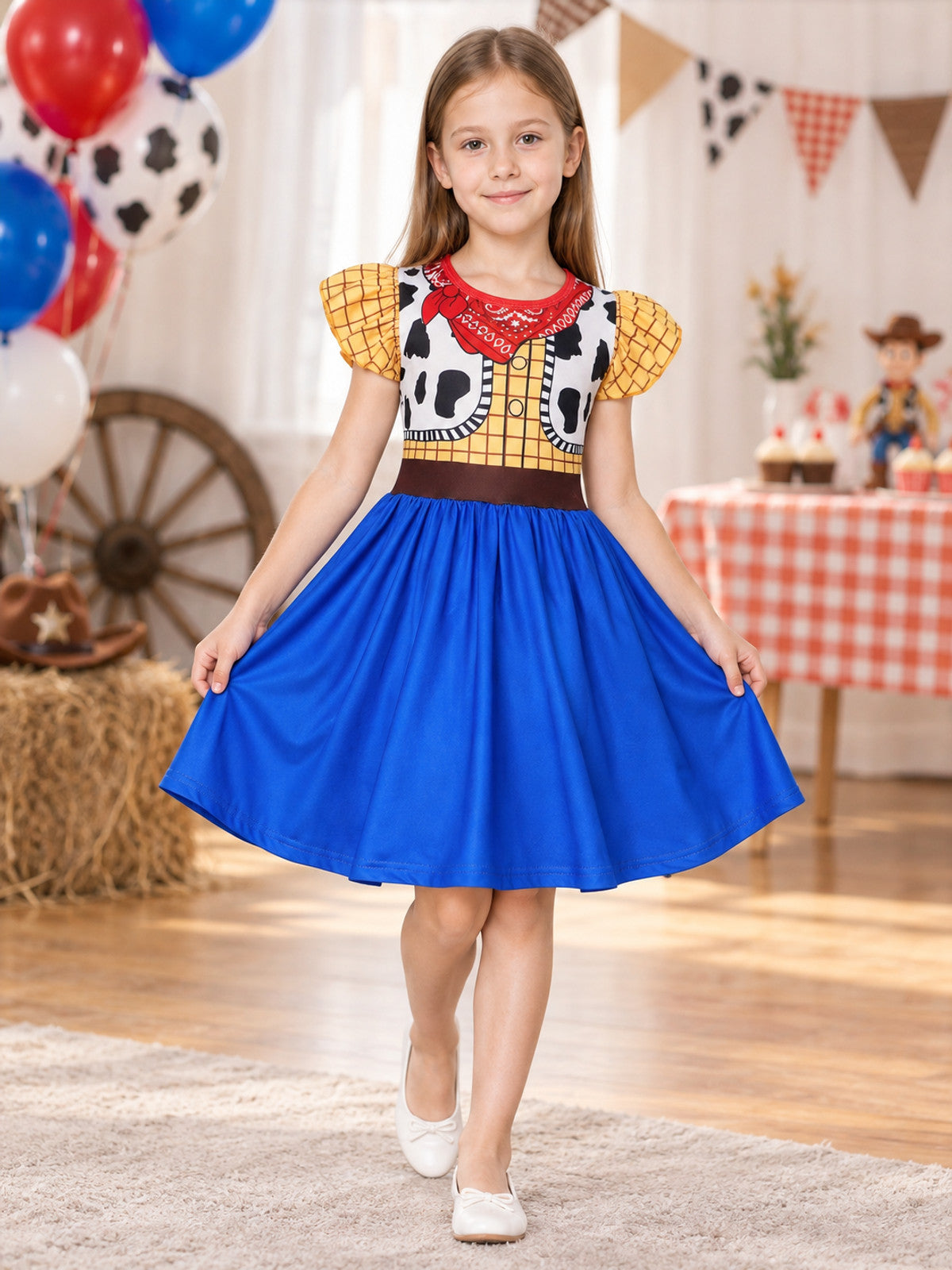 A-Line Girls' Dress with Cowboy Print
