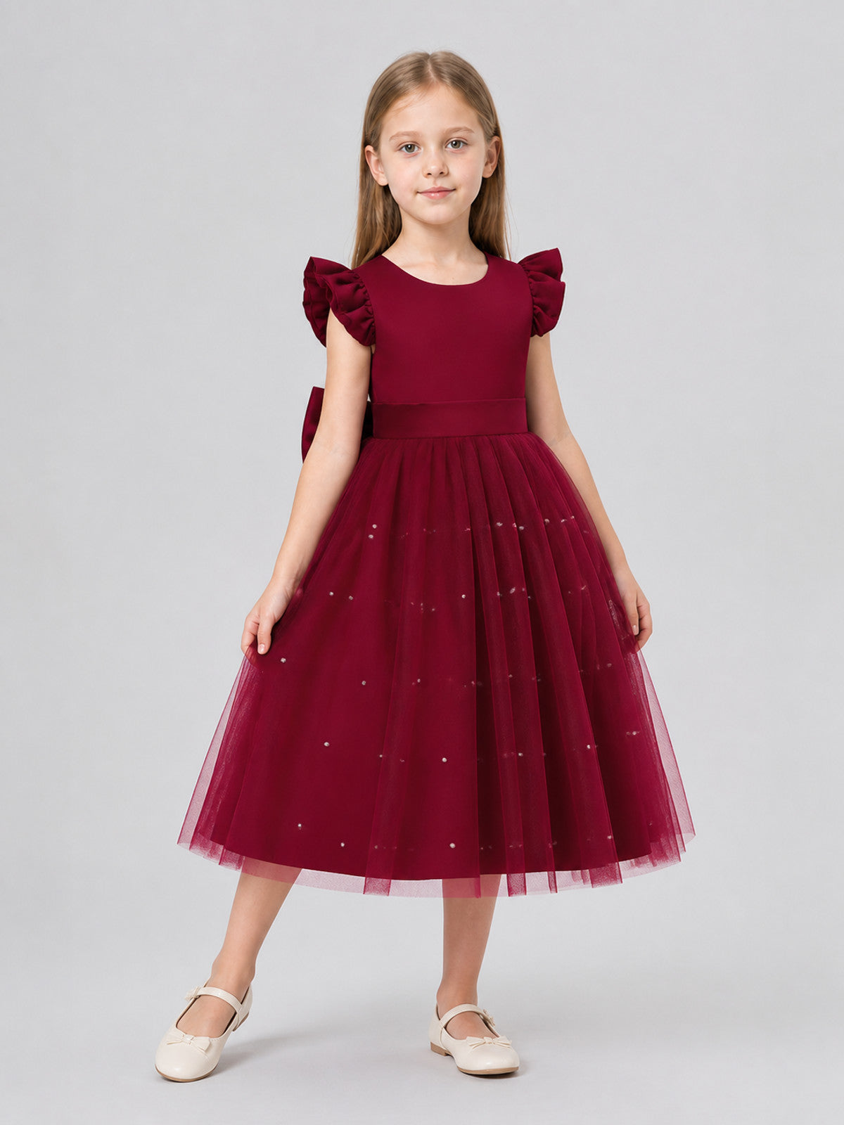 Burgundy Princess Dress with Bow and Full Skirt