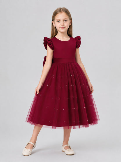 Burgundy Princess Dress with Bow and Full Skirt