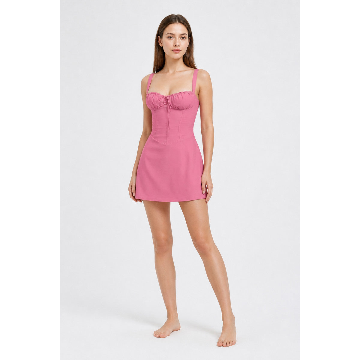 Short spaghetti-strap dress with a drawstring and ruching