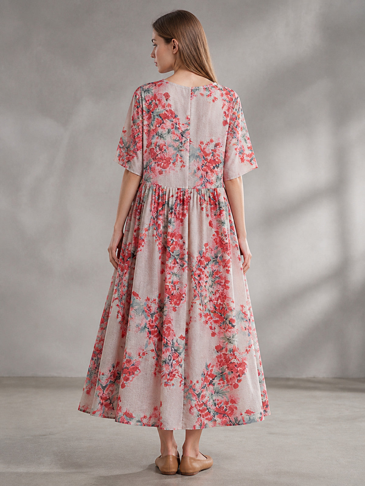 Floral Print Short Sleeve Long Dress with Waist Gathering and Flared Skirt