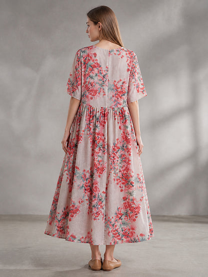 Floral Print Short Sleeve Long Dress with Waist Gathering and Flared Skirt