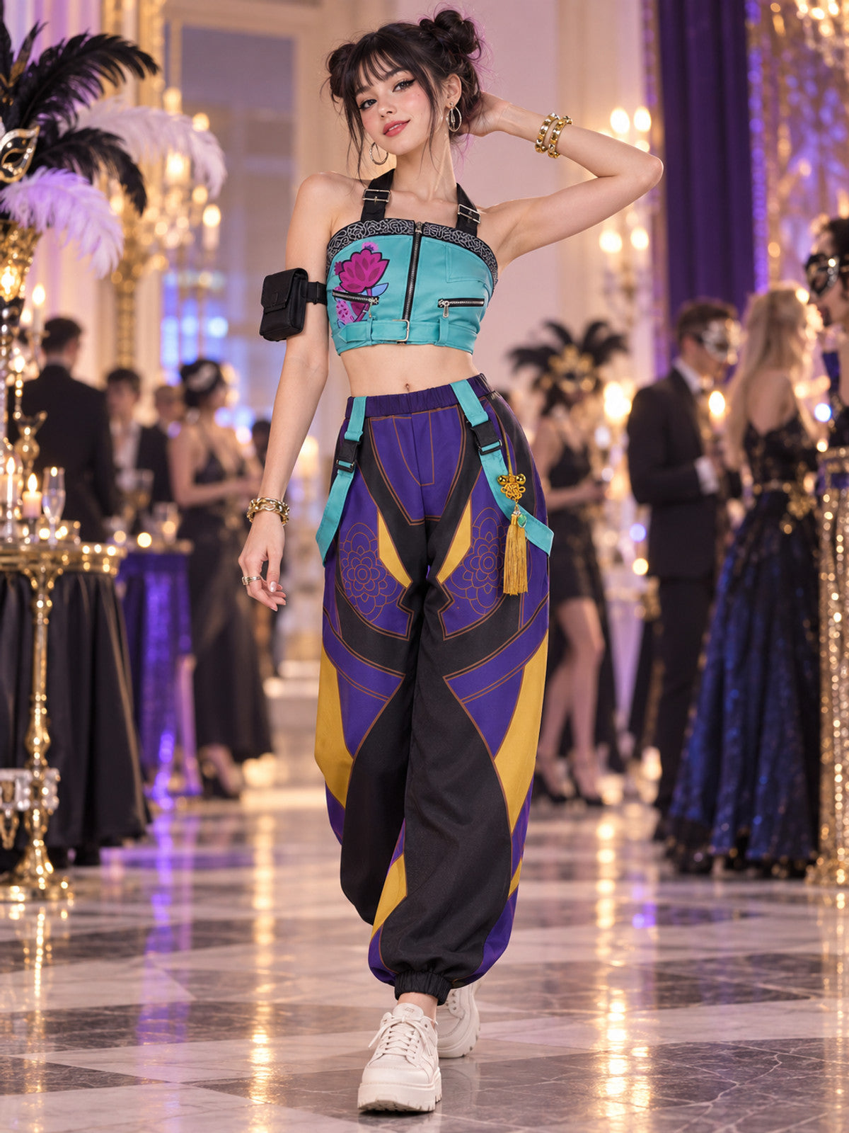 Turquoise Cosplay Stage Costume with Top and Pants