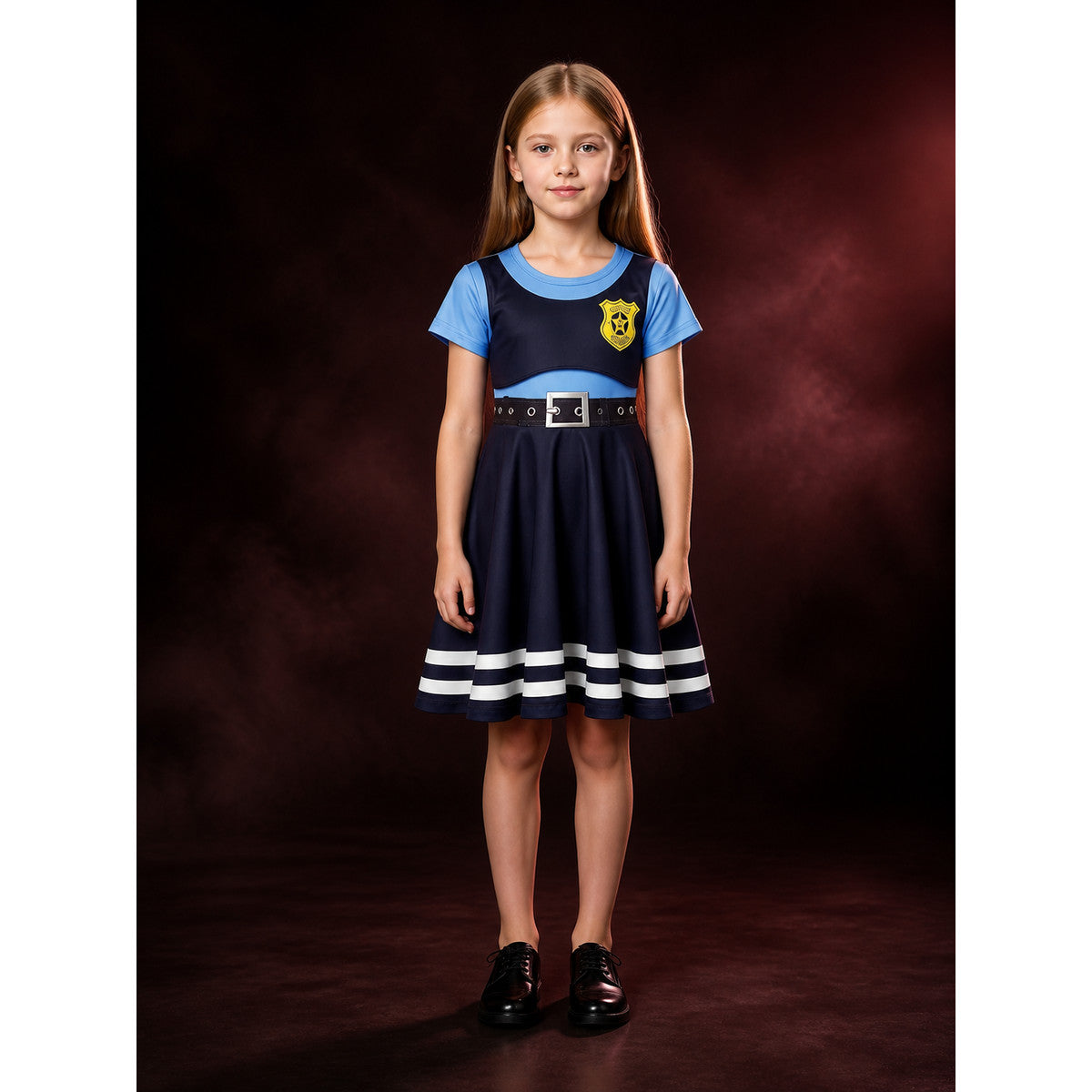 Kids Police Officer Costume Dress with Badge Print and White Stripes main product view