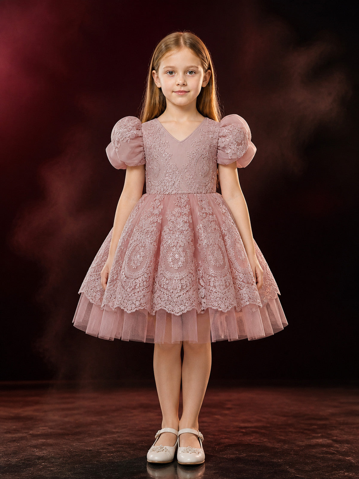 Toddler Girls' Dusty Pink Princess Dress, Embroidered Puff Sleeve Layered Tulle main product view