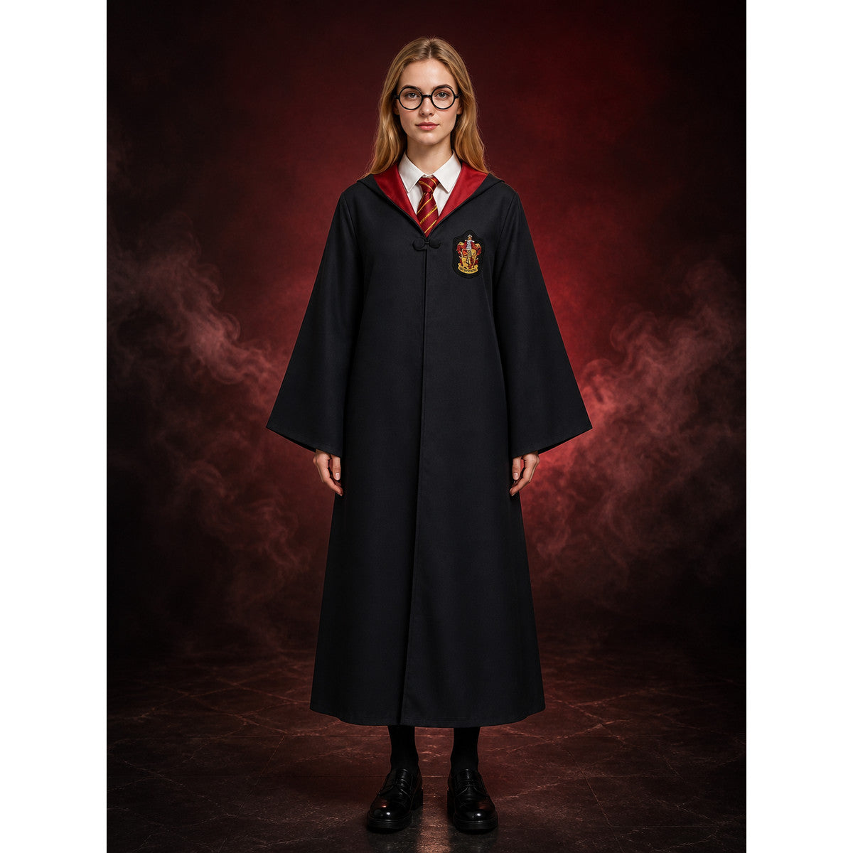 Academy Wizard Robe Costume Set, Hooded Black Cloak With Tie And Round Glasses main product view