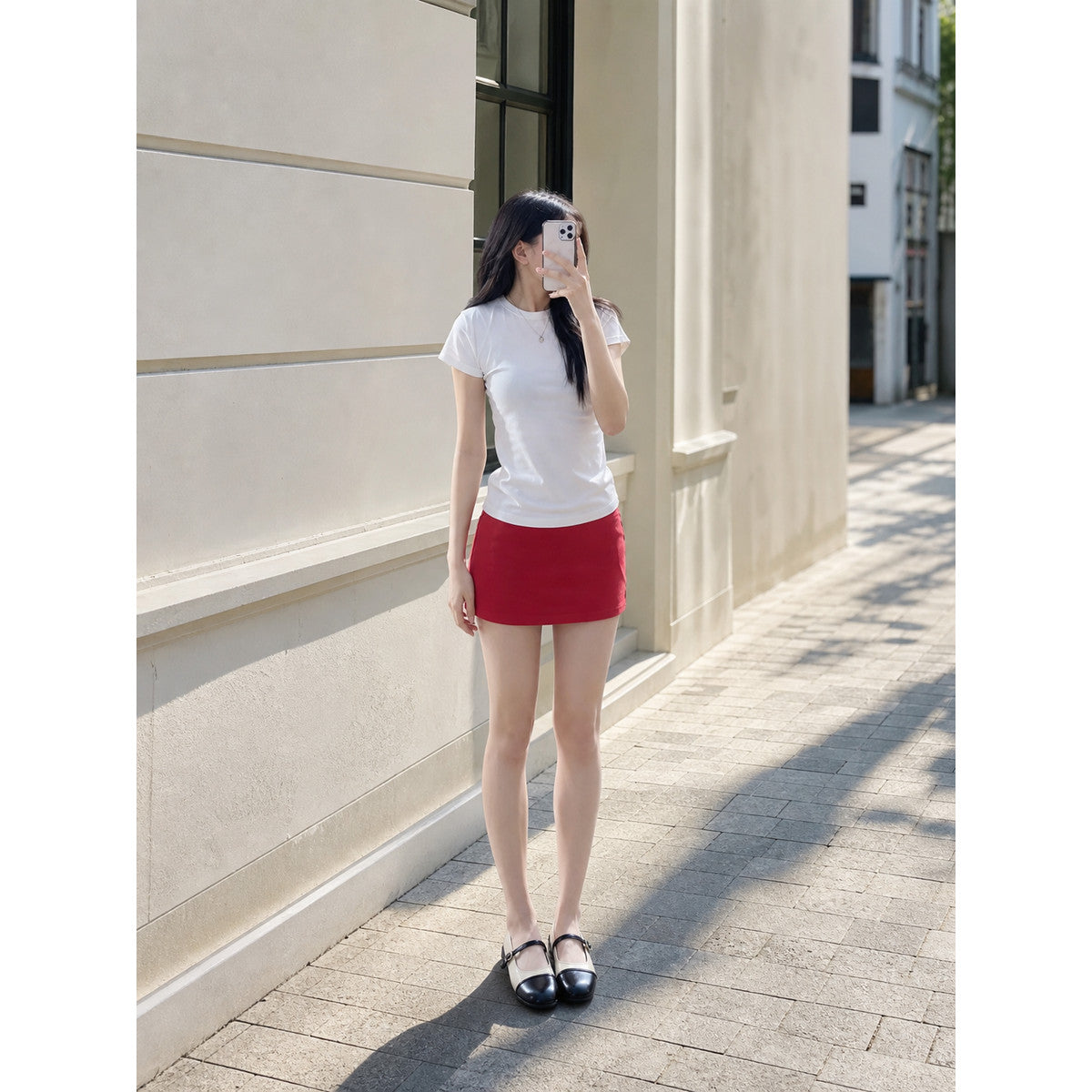 Women's Set: White T-Shirt, Red Skirt, Shoes