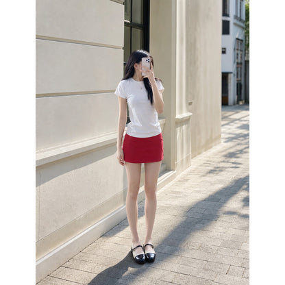 Women's Set: White T-Shirt, Red Skirt, Shoes