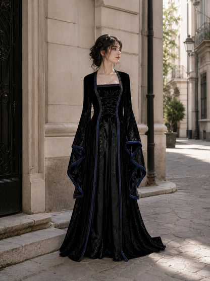 Gothic Black Dress with Lace-Up Detail and Long Sleeves