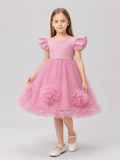Pink Children's Princess Dress with 3D Flowers Costume Dresses detail