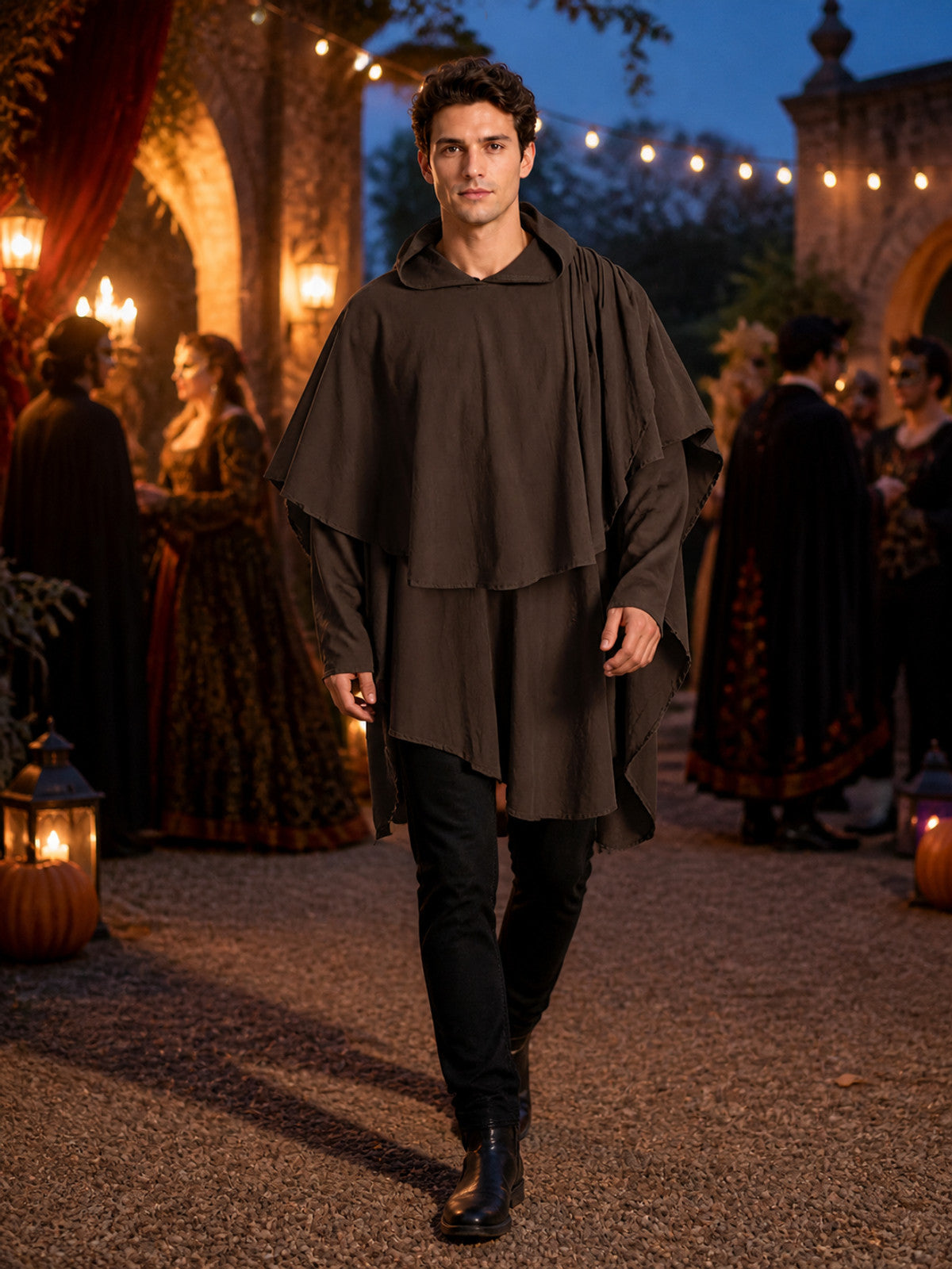 Women's Hooded Wanderer Cloak Costume with Layered Hem, Shoulder Draped Pleats