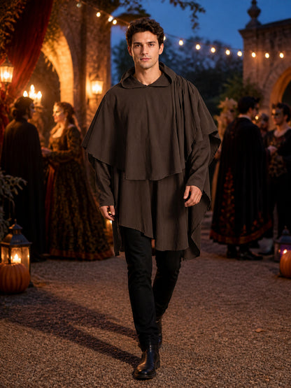 Women's Hooded Wanderer Cloak Costume with Layered Hem, Shoulder Draped Pleats