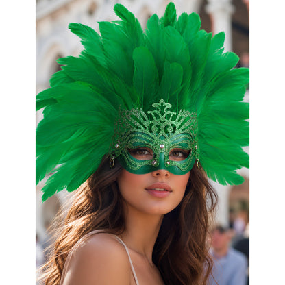 Carnival Mask with Green Feathers and Glitter lifestyle