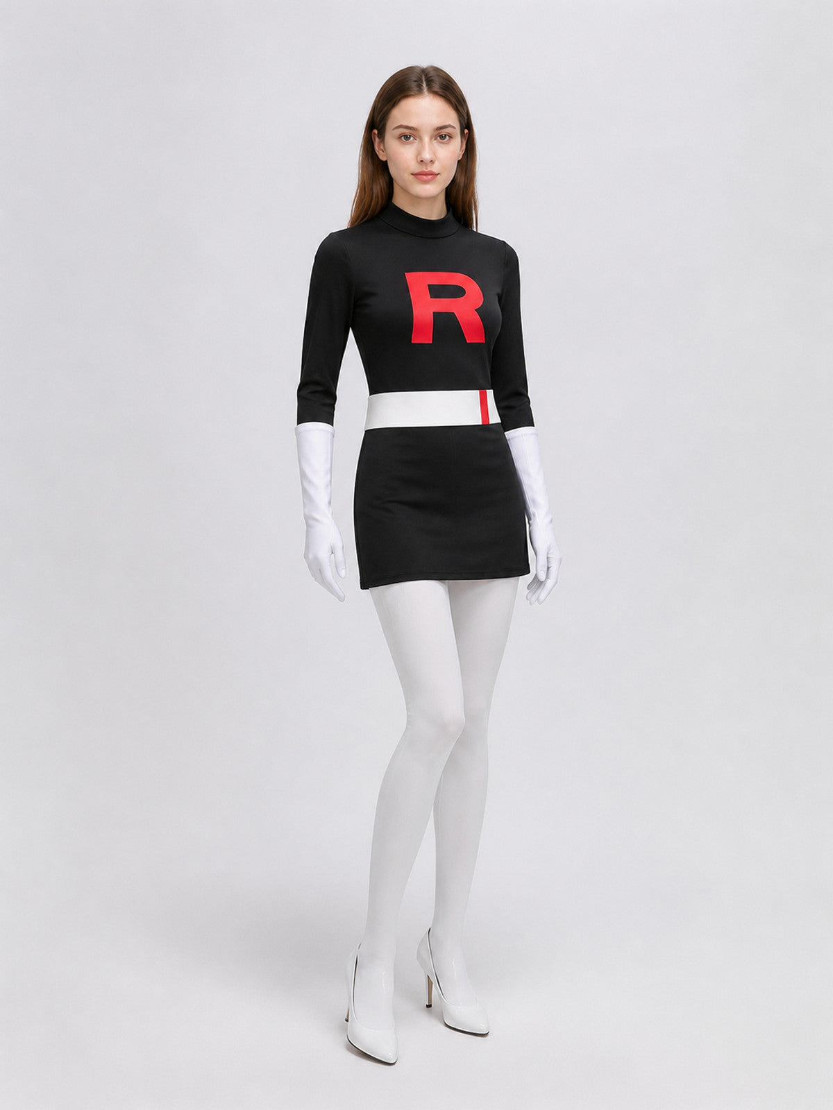 Black Cosplay Dress with a High Collar and the Letter R