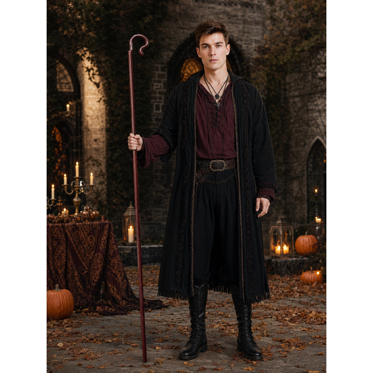 Dark brown hook cane held by a costumed man in a black outfit, shown full-body in a dim stone courtyard