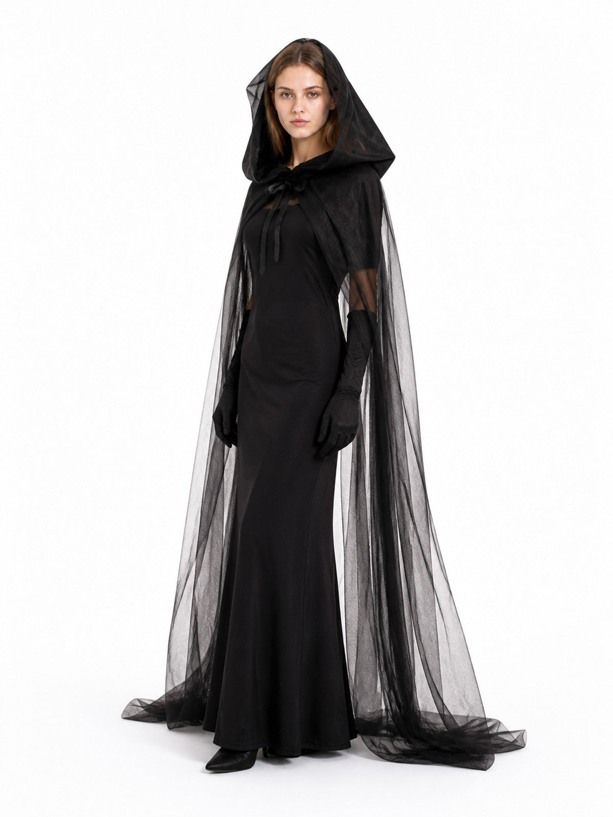 Black Witch Costume with Cape and Gloves Costume Capes detail