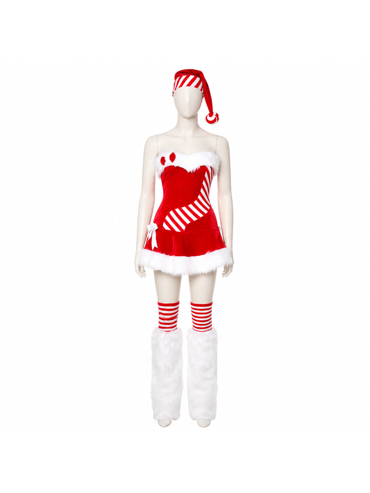 Christmas Costume with White Fuzzy Trim and Red-and-White Stripes Costumes detail