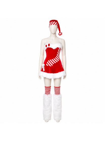Christmas Costume with White Fuzzy Trim and Red-and-White Stripes Costumes detail