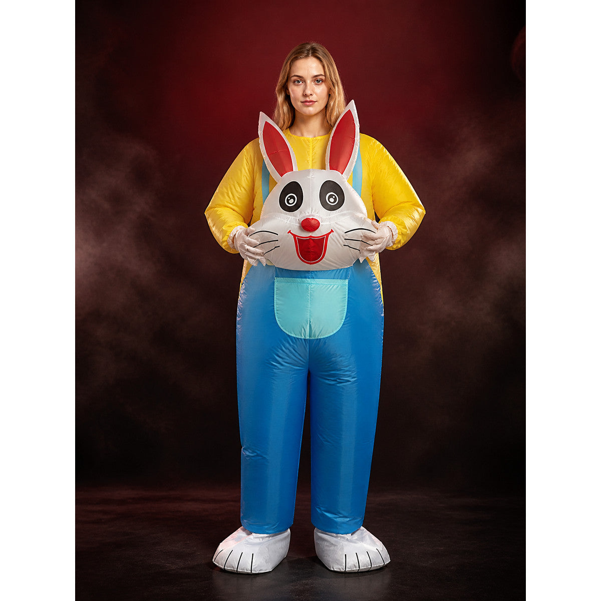 Adult Rabbit Costume, Blue-Yellow Animal Jumpsuit with Long Ears and Belly main product view