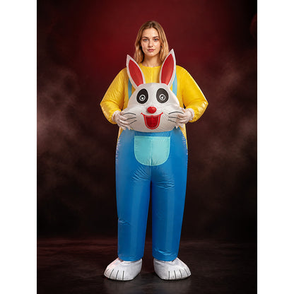 Adult Rabbit Costume, Blue-Yellow Animal Jumpsuit with Long Ears and Belly main product view