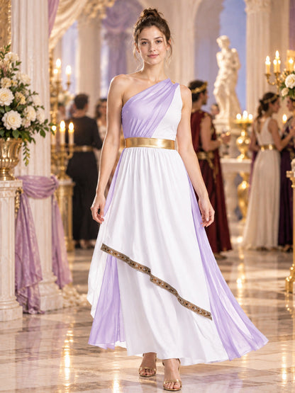 Floor-Length Sleeveless One-Shoulder Dress with Belt