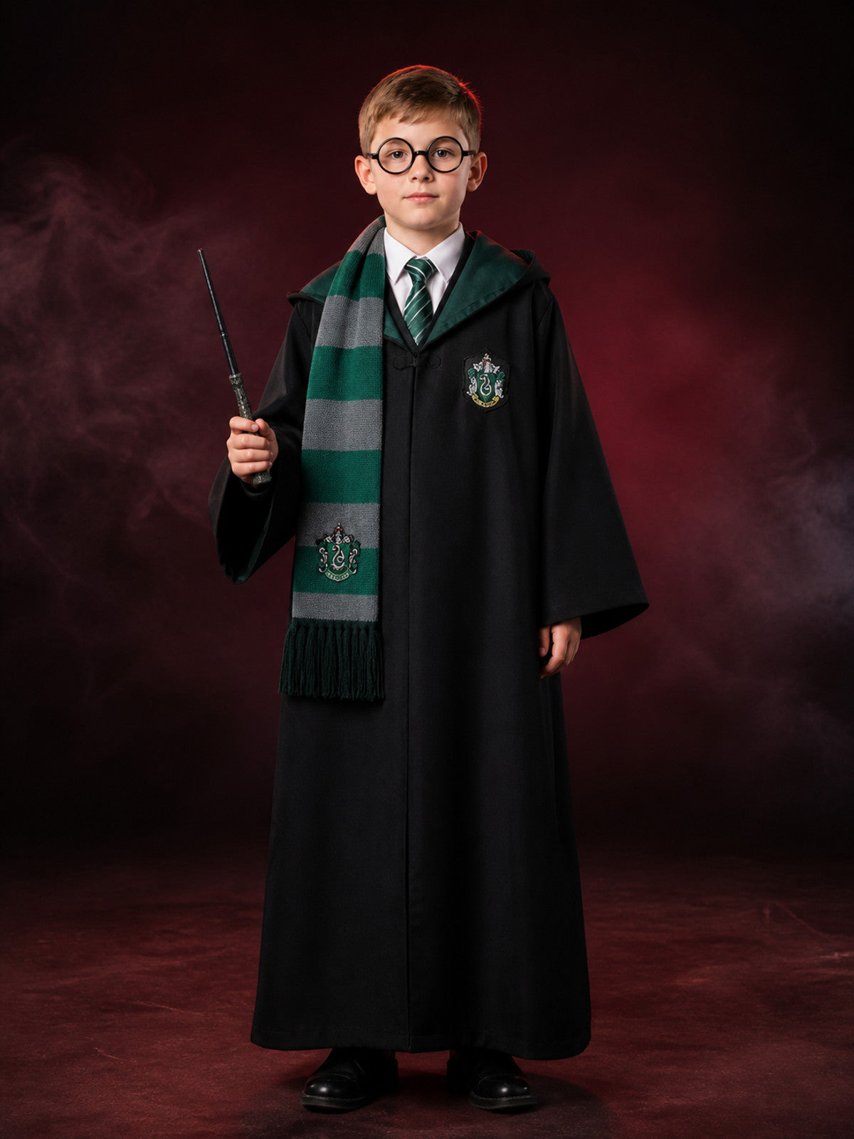 Kids Wizard Robe Costume Set, Dark Green Hooded Robe with Tie Scarf Glasses and