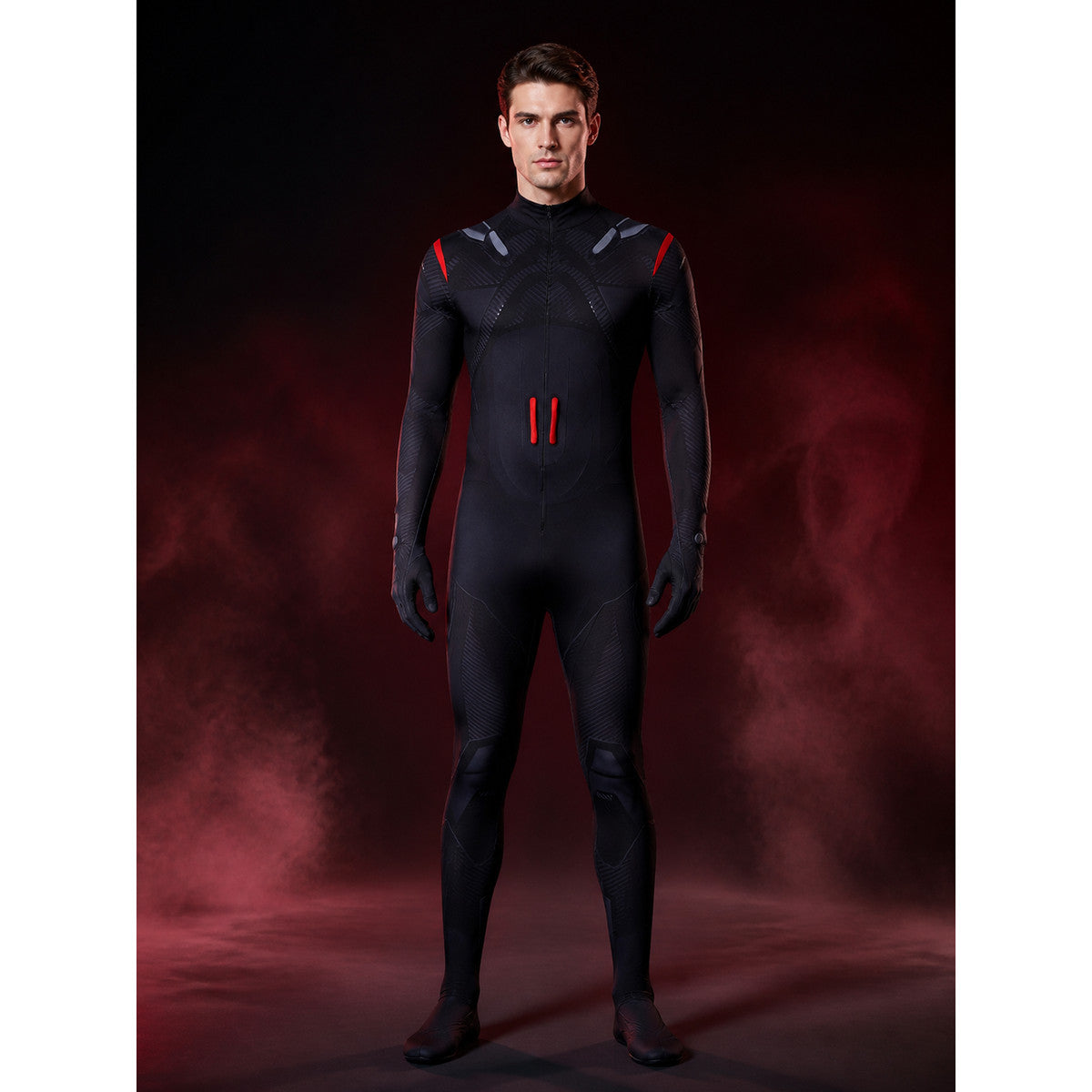 Sci-Fi Armor Bodysuit Costume, Black with Red Trim, Full Body Jumpsuit for main product view