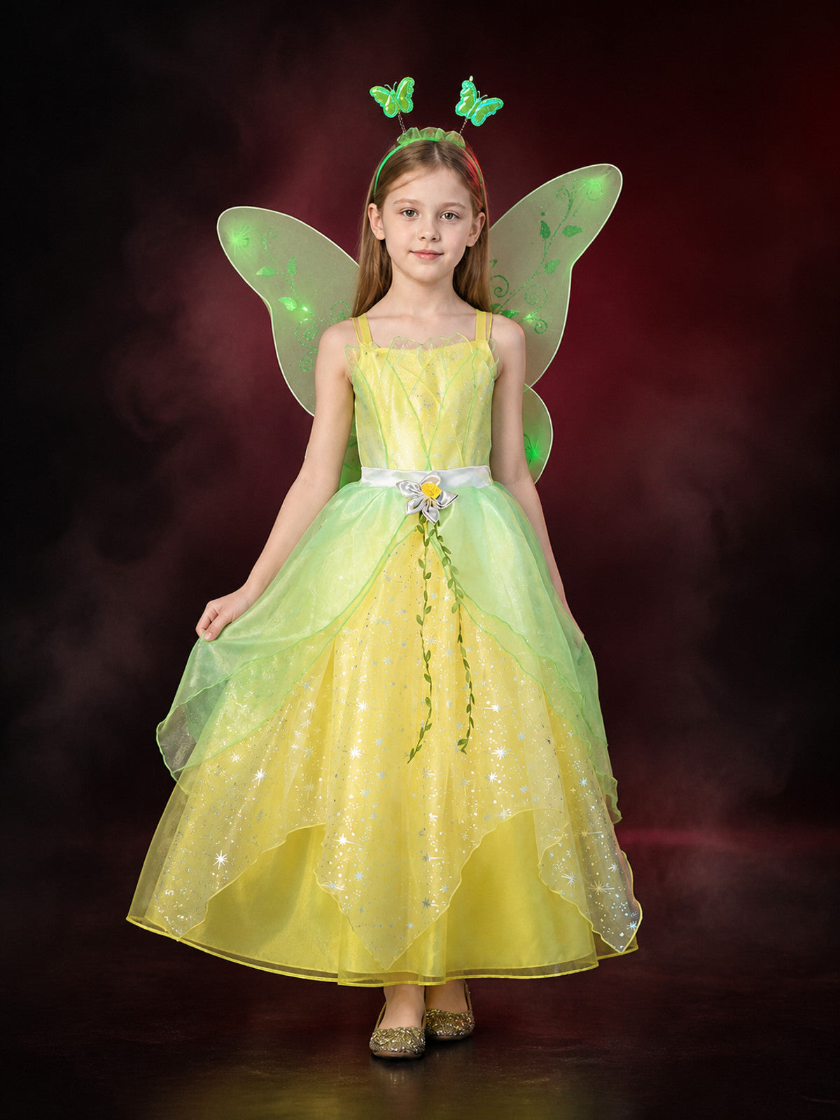 Girls' Princess Dress Costume with Butterfly Wings, Green & Yellow Star and Vine
