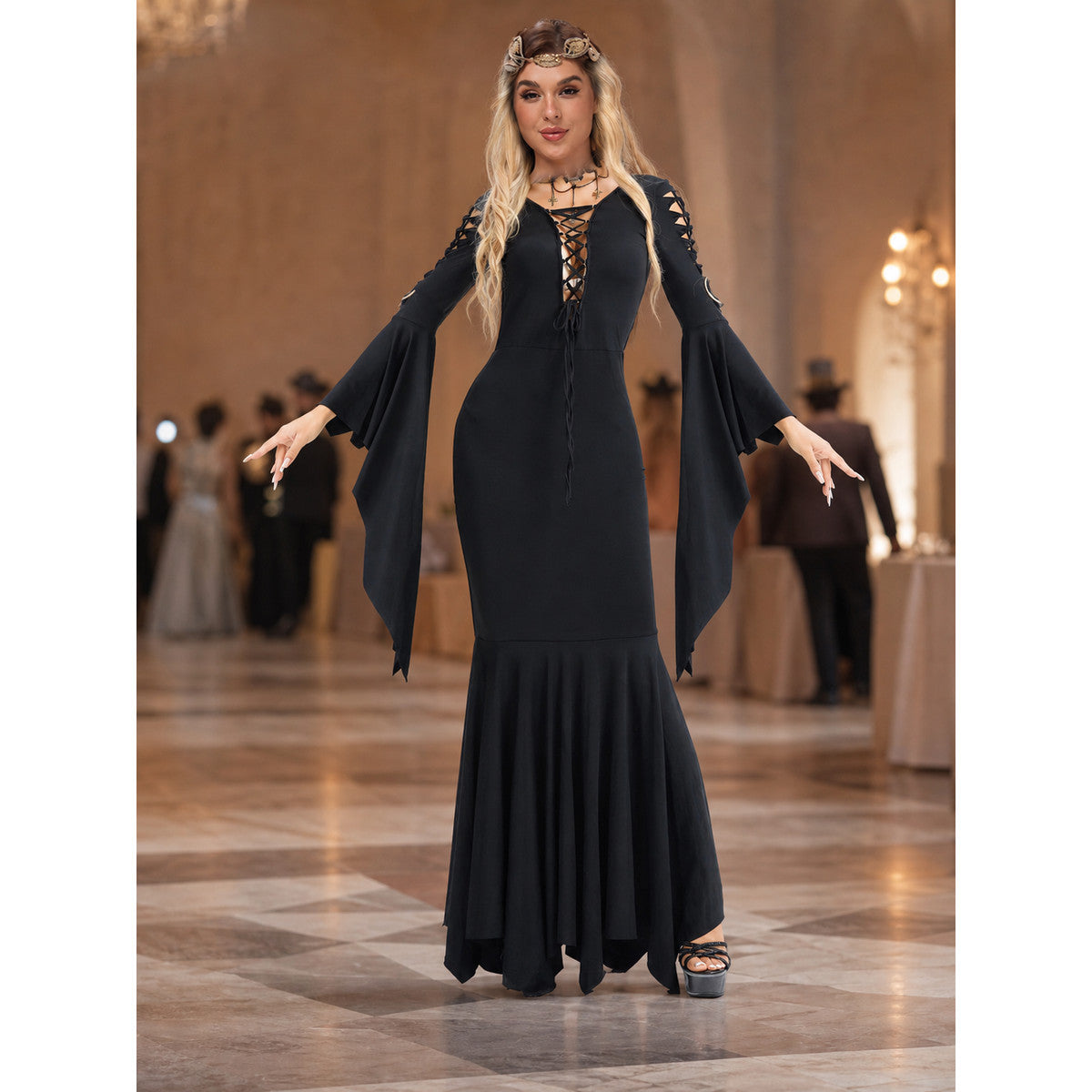 Black Gothic Lace-Up Cosplay Dress