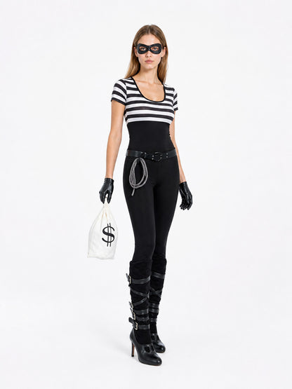 Striped Short-Sleeve Jumpsuit with Belt