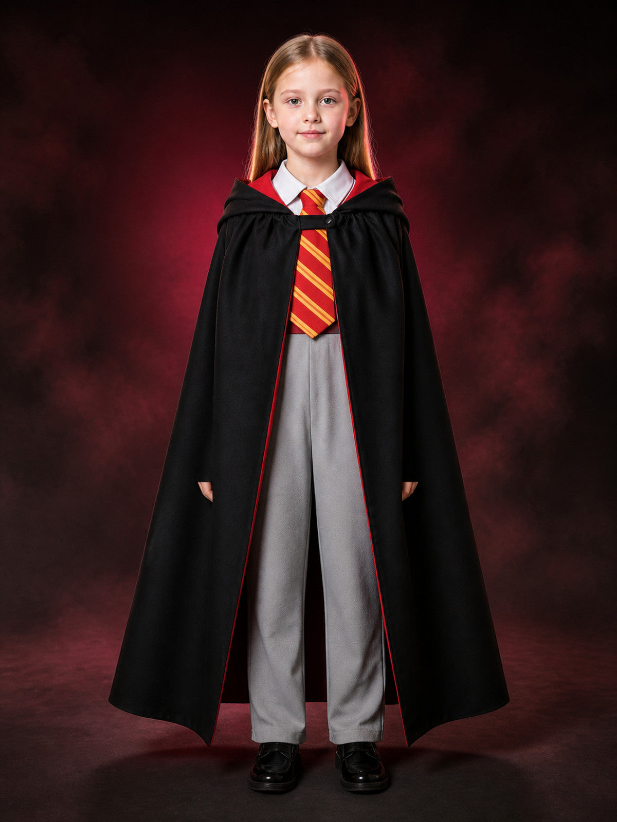 Girls Wizard Robe Costume Set with Hooded Cape, Red Trim, Tie and Pants