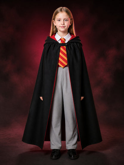Girls Wizard Robe Costume Set with Hooded Cape, Red Trim, Tie and Pants