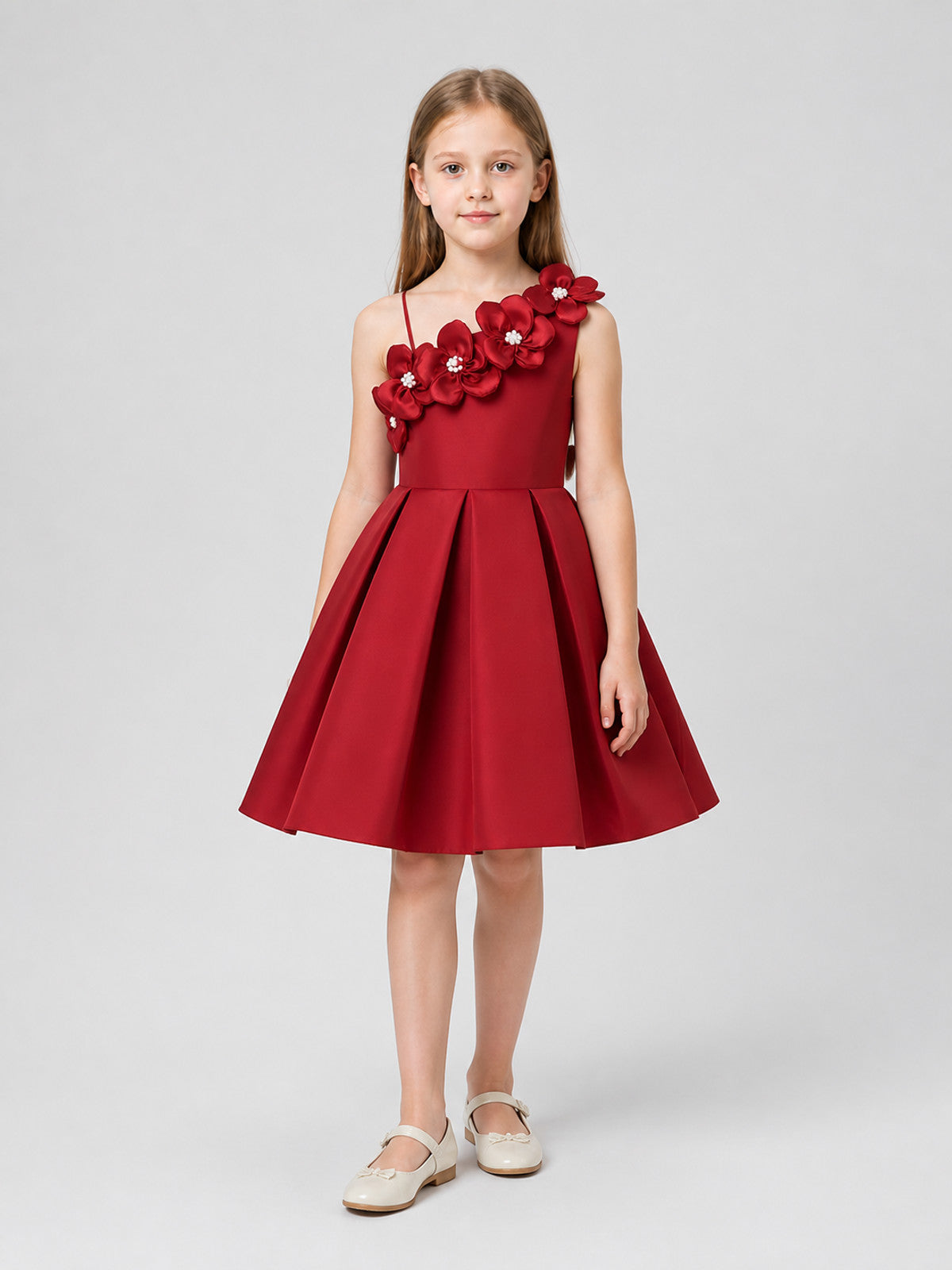 Dressy Burgundy One-Shoulder Dress with a Full Skirt