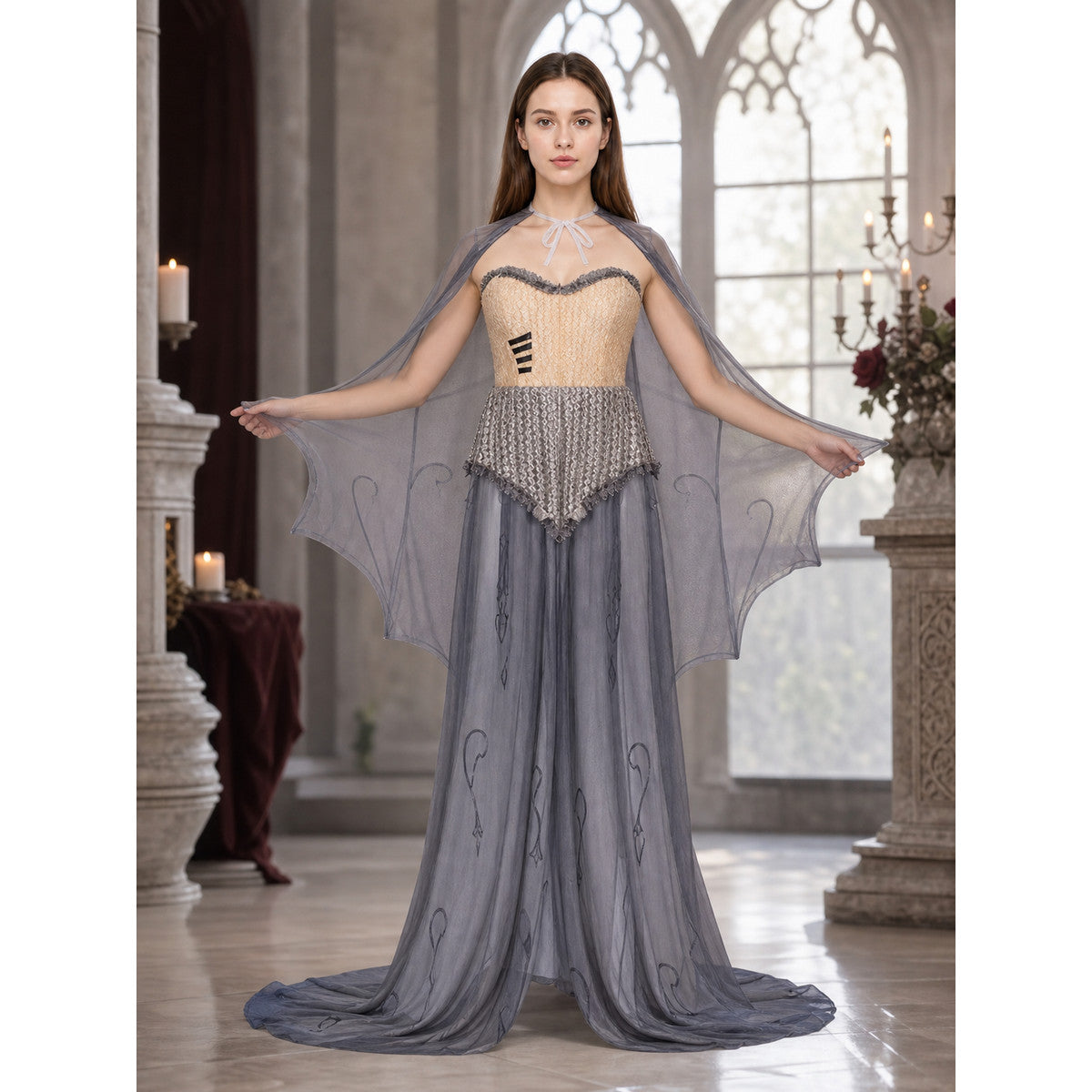 Gothic zombie costume with the sheer bat-wing cape spread open, shown in a candlelit gothic hall