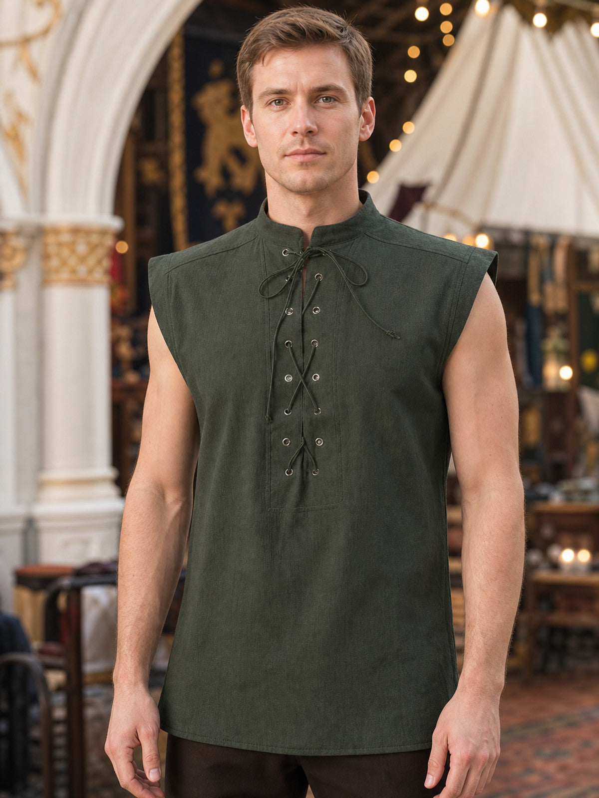 Lace-Up Vest with Stand Collar, Dark Green lifestyle view