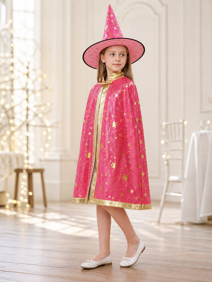 Costume Cloak with Pointed Hat, Raspberry, with Stars
