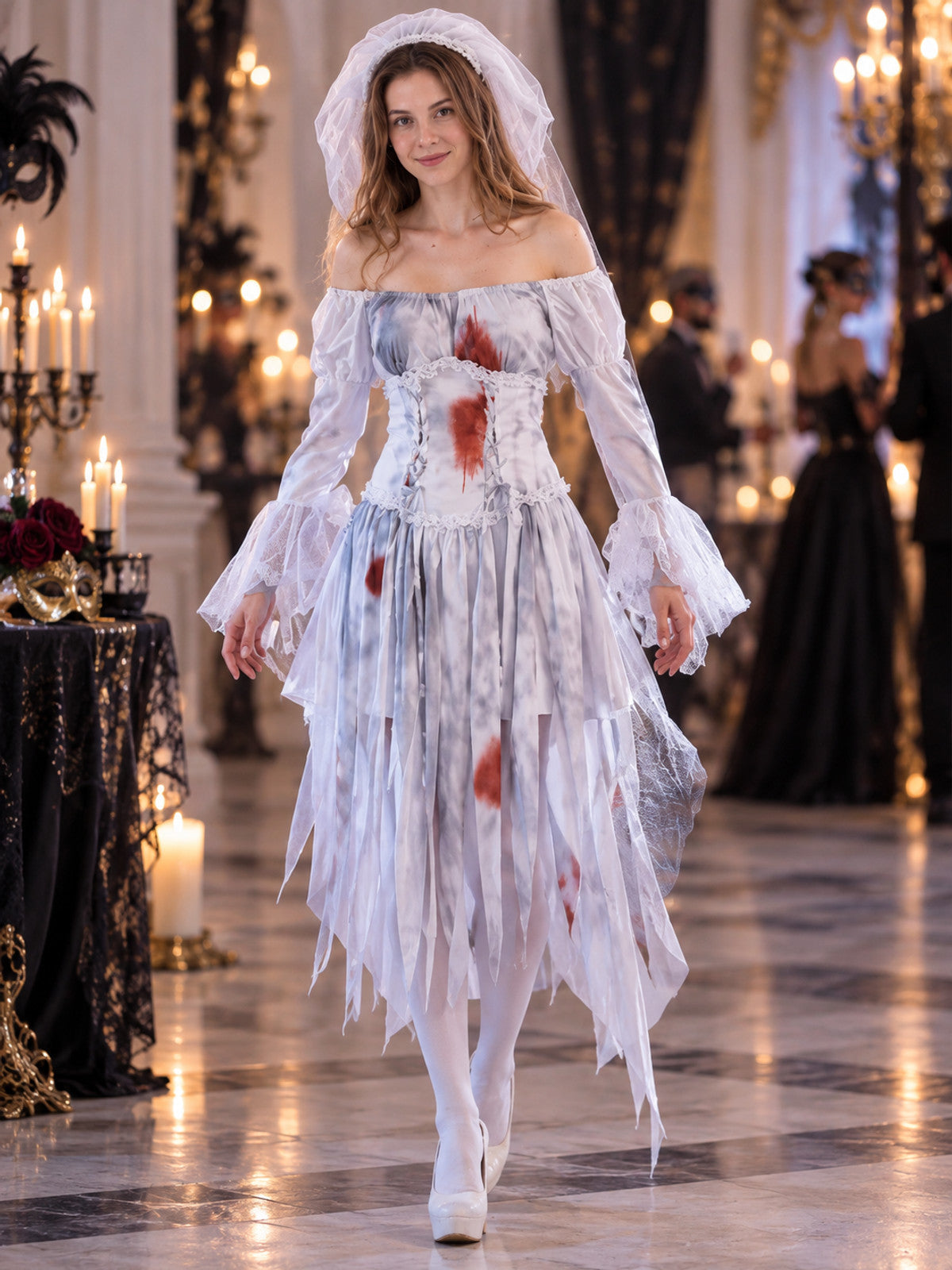 Ghost Costume with Veil and Corset Belt