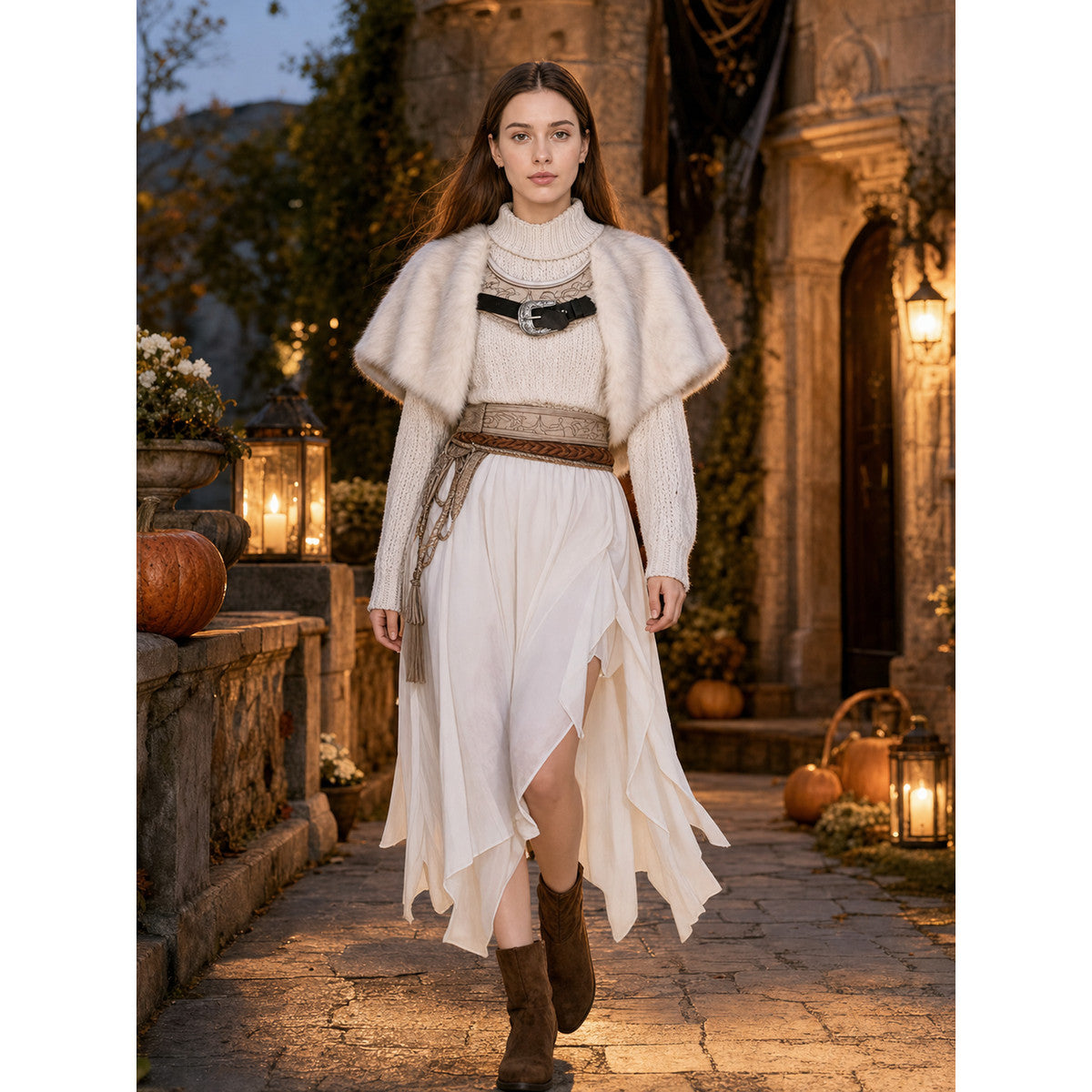 White Fantasy Character Style Shawl, Single-Piece Wide Shoulder Wrap With Fluffy Plush-Look Edges, Dramatic Dress-Up Accessory