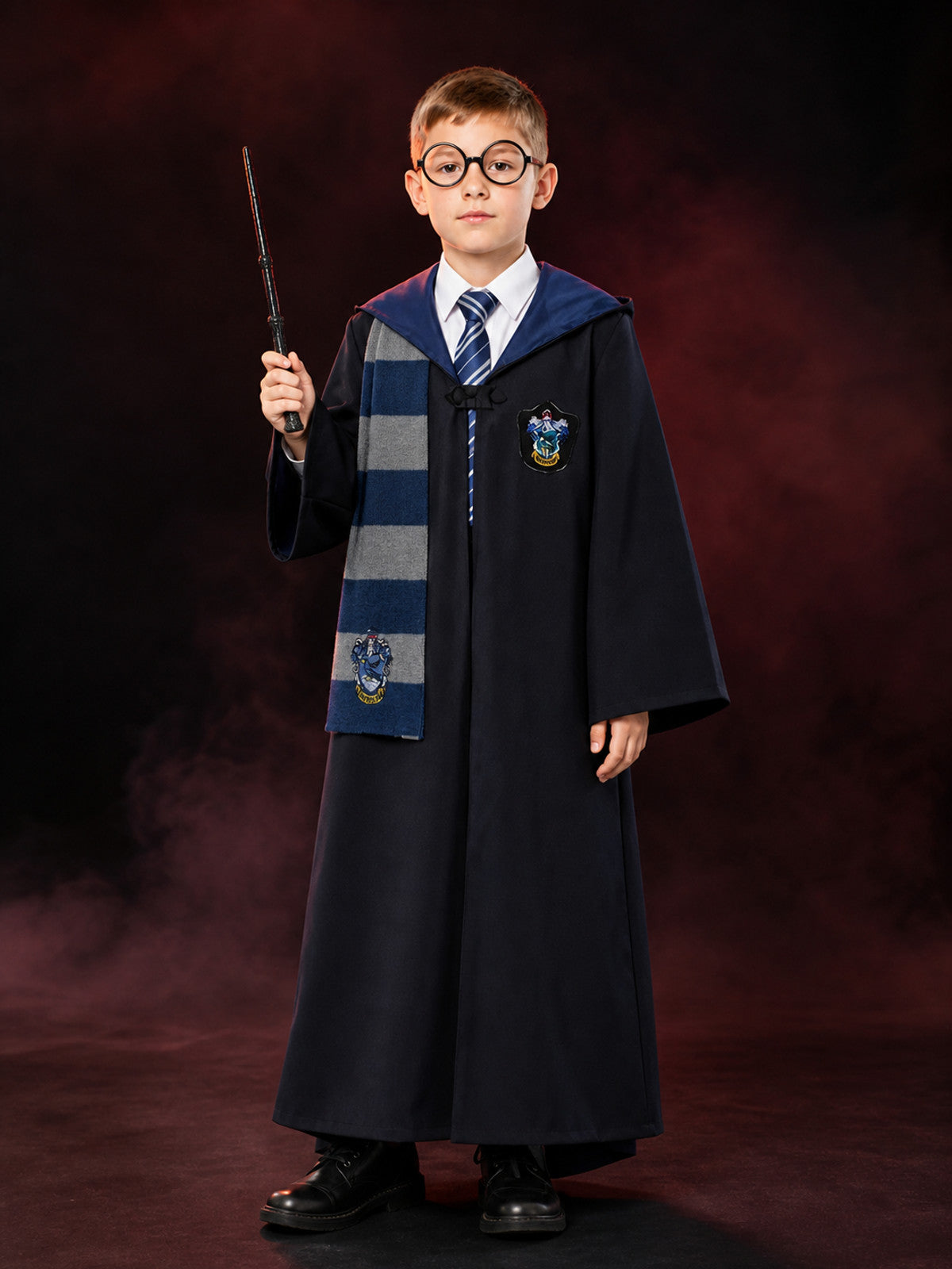 Ravenclaw Wizard Costume Set, Hooded Robe with Scarf, Tie, Glasses and Wand