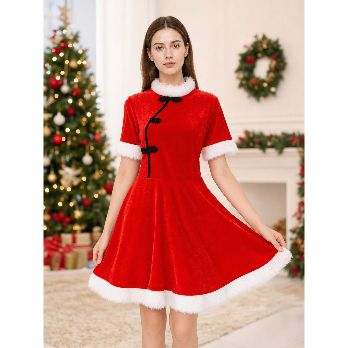 Festive Christmas Dress in Red with Trim lifestyle view