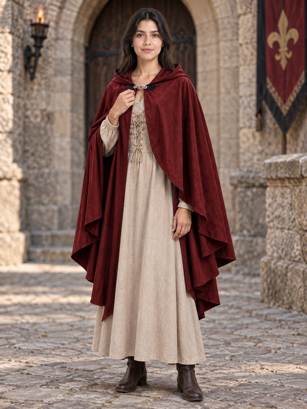 Long-length carnival cloak with a hood and a closure at the neckline, loose